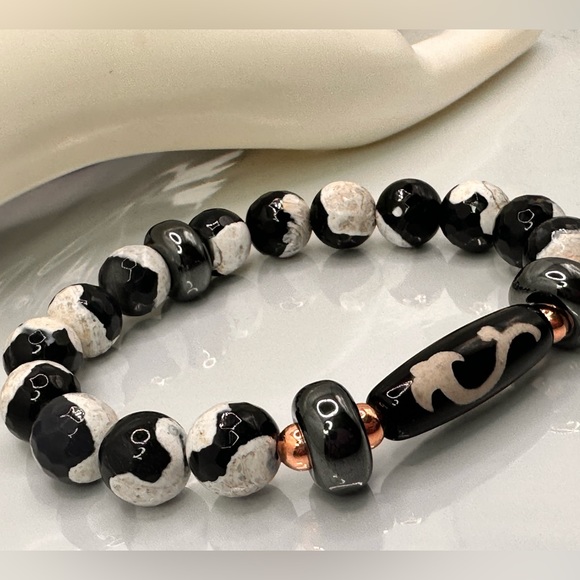 BLACK/WHITE AGATE + RUYI DZI NATURAL STONES BRACELET size 7.5” - Picture 11 of 13